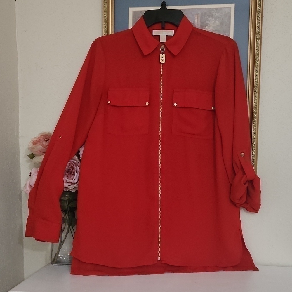 2for$10 Michael Kors Red Blouse Tunic Zipper Front Career Work Elegant Party